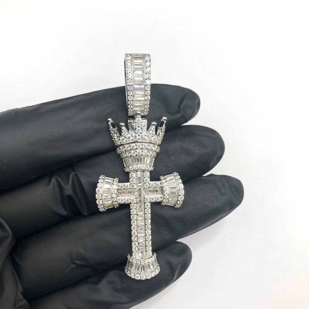 Men's 925 Sterling Silver Crown Cross Pendant 3.80CTW MOISSANITE
